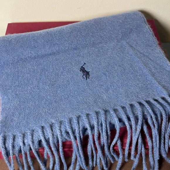 Polo Ralph Lauren Signature Embroidered Pony 100% Cashmere Blue Scarf w Fringe - Picture 2 of 10